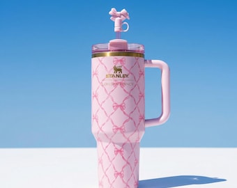 Stanley LoveShackFancy Style 40oz Tumbler Baby Pink Bow, Gold Rim Coquette Cup, Balletcore Ribbon Lattice, Gift Box & Silk Bag for Her