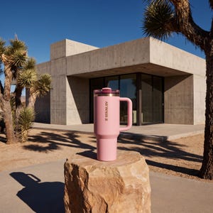 May include: A pink insulated tumbler with a handle and a lid, featuring the "STANLEY" logo. The tumbler is set on a rock in front of a modern concrete building and desert landscape.