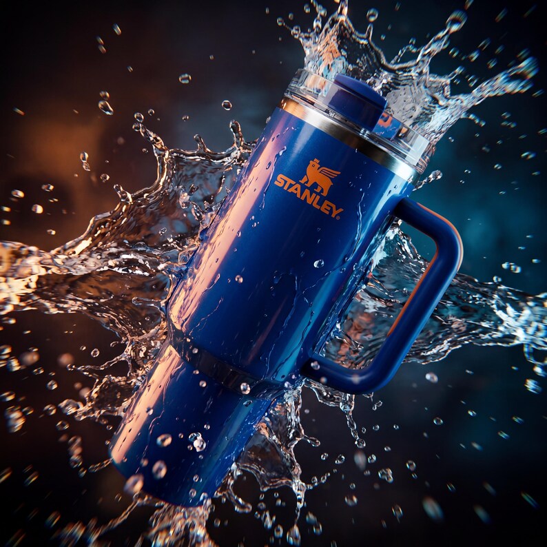 Pode incluir: Uma caneca Stanley azul com uma al&ccedil;a, tampa transparente e o logotipo Stanley em laranja. A &aacute;gua espirra ao redor da caneca, criando um efeito din&acirc;mico. A caneca parece ser feita de a&ccedil;o inoxid&aacute;vel.