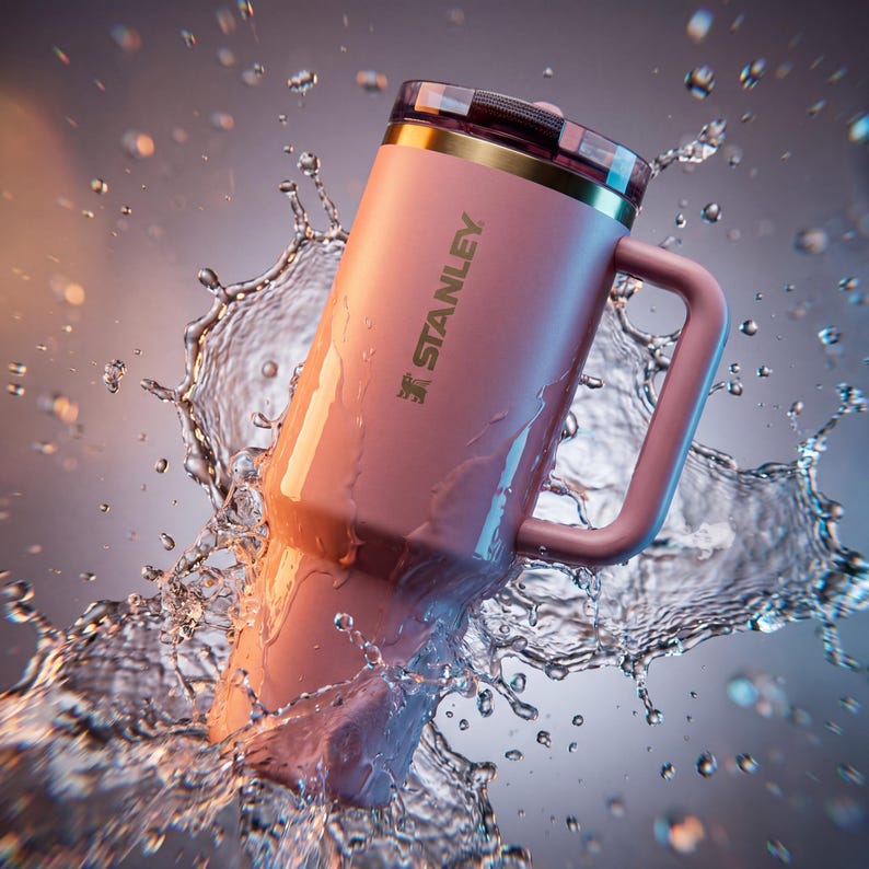 May include: A pink Stanley insulated travel mug with a handle, lid, and the Stanley logo. The mug is surrounded by water droplets, creating a dynamic and refreshing visual. The mug has a gold rim and a dark lid.