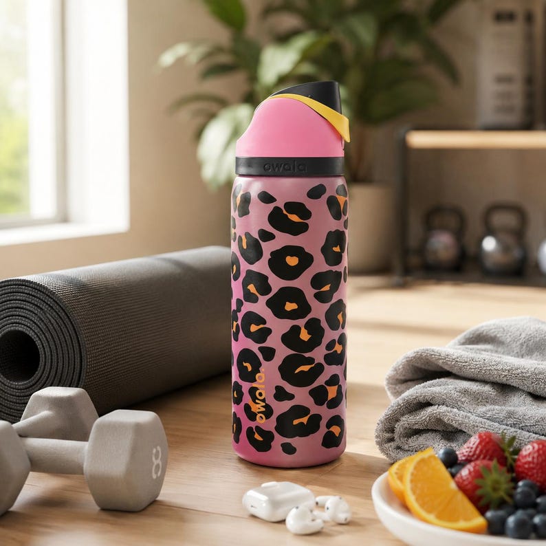 May include: Pink water bottle with a black and orange leopard print design. The bottle has a black lid with a pink top and yellow accent. The word "owala" is printed on the bottle. Other items in the image include a yoga mat, dumbbells, and fruit.