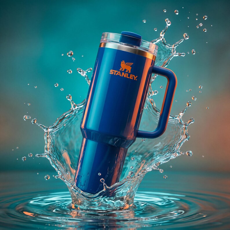 Pode incluir: Uma caneca Stanley azul com isolamento e al&ccedil;a, emergindo de um respingo de &aacute;gua. A caneca tem uma tampa transparente e o logotipo Stanley em laranja. O fundo &eacute; um gradiente de azul e laranja.