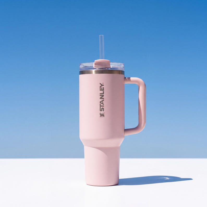 May include: A pink Stanley tumbler with a handle, clear straw, and a lid. The tumbler has the Stanley logo printed on the side. The background is a bright blue sky.
