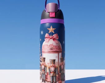 Limited Edition 24oz Nutcracker Owala FreeSip Glow in the Dark Water Bottle Christmas Luminous Holiday Gift Her Cup Holder Friendly Pink Bow