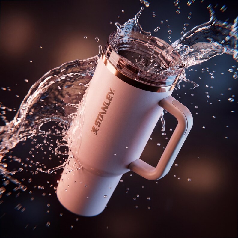 May include: A white Stanley mug with a handle, gold trim, and the Stanley logo. Water is splashing out of the mug, creating a dynamic image. The mug appears to be made of insulated material, designed to keep beverages hot or cold.