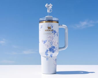 Stanley LoveShackFancy Style 40oz Tumbler Everbloom Ice Blue Floral, Coquette Bow Straw Topper, Luxury Gift Box & Velvet Pouch, Gift for Her