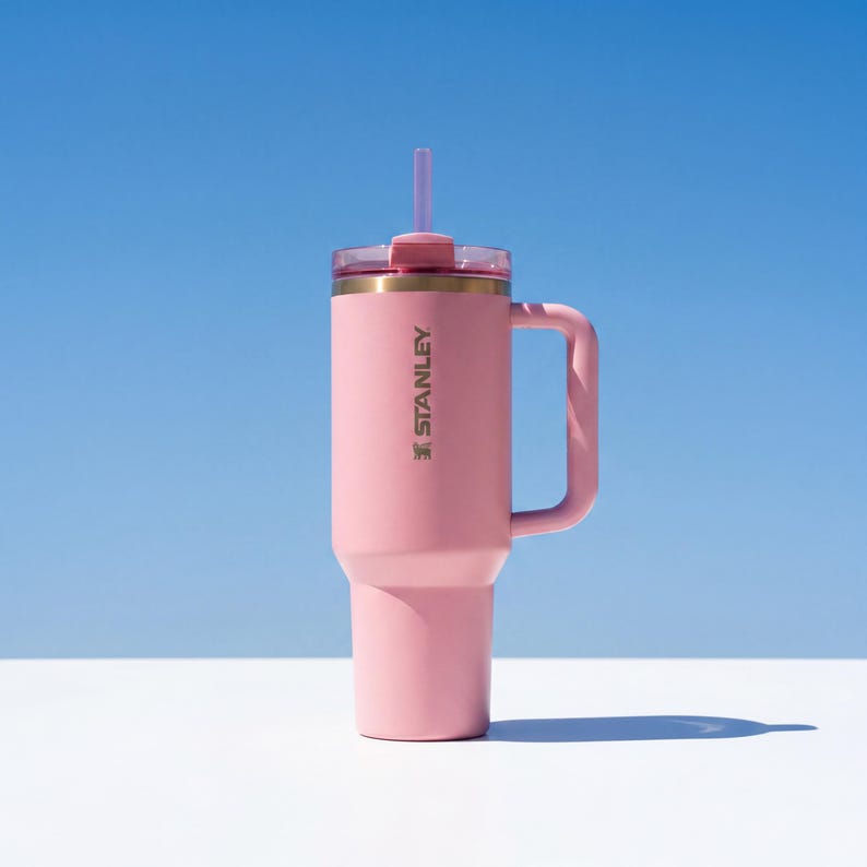 May include: A pink Stanley tumbler with a handle and a clear lid, featuring a straw. The tumbler has a gold rim and the Stanley logo in gold. The background is a gradient of blue and white.