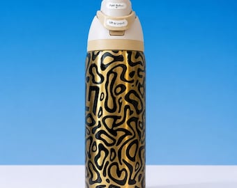 Limited Edition 32oz Calando Owala FreeSip Gold Black Abstract Pattern Water Bottle Unique Luxury Gift for Him Her Modern Art Tumbler