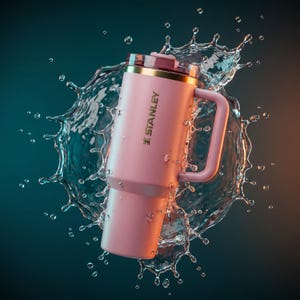 May include: A pink Stanley insulated travel mug with a handle and a lid, surrounded by water droplets. The mug has a gold rim and the Stanley logo. The background is a gradient of teal and orange.