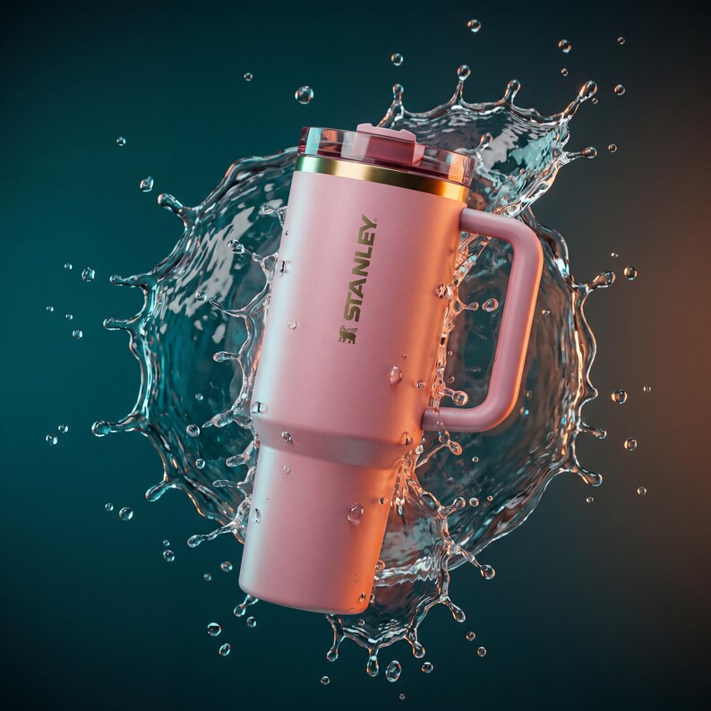 May include: A pink Stanley insulated travel mug with a handle and a lid, surrounded by water droplets. The mug has a gold rim and the Stanley logo. The background is a gradient of teal and orange.
