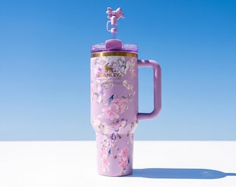 Stanley LoveShackFancy Style 40oz Tumbler Blooming Heirloom Purple Floral, Coquette Bow Topper, Luxury Gift Box & Velvet Pouch, Gift for Her