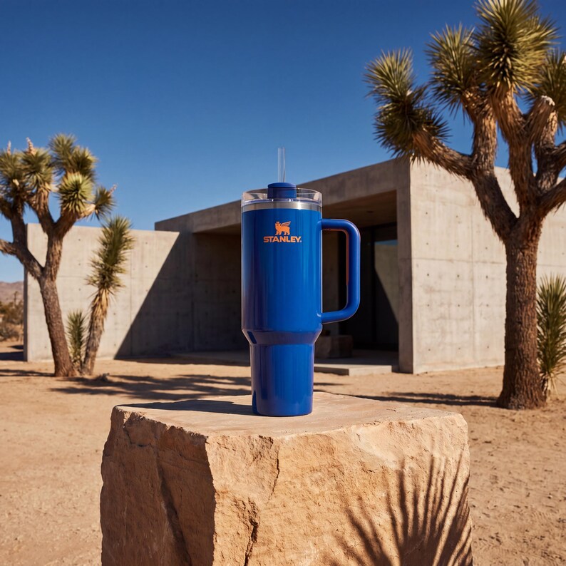 Pode incluir: Um copo Stanley azul com al&ccedil;a e canudo, em um cen&aacute;rio des&eacute;rtico. O copo tem o logotipo Stanley em laranja. O fundo inclui um edif&iacute;cio moderno e plantas do deserto.
