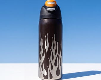 Limited Edition 32oz Black Flame Owala FreeSip Y2K Streetwear Aesthetic Water Bottle Cool Gift for Him Men Teens Edgy Silver Flame Design