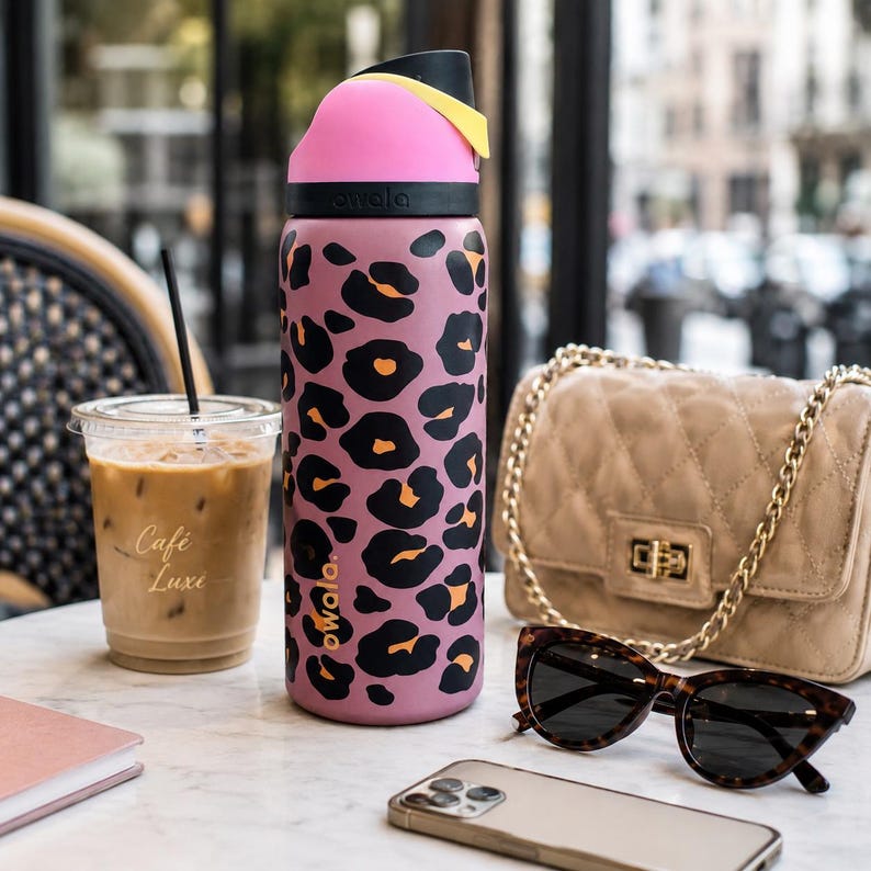 May include: A pink water bottle with a black and orange leopard print design. The bottle has a black lid and a pink top. A clear plastic cup of iced coffee, sunglasses, a purse, and a smartphone are also on the table.