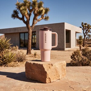 May include: A light pink Stanley tumbler with a handle and a clear lid. The tumbler is sitting on a large, rough-hewn stone in a desert landscape. The Stanley logo is printed on the side of the tumbler.