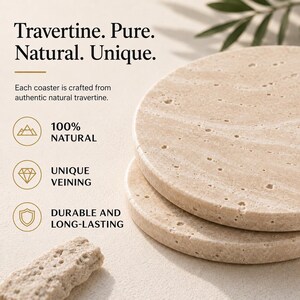 May include: Two round, beige travertine coasters stacked on top of each other. The coasters are made from natural stone and have unique veining. Text on the image reads "Travertine. Pure. Natural. Unique."