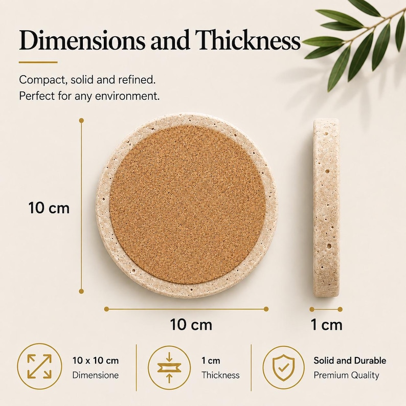 May include: A round coaster with a cork center and a light-colored stone-like border. The coaster is 10 cm in diameter and 1 cm thick. The image includes the text "Dimensions and Thickness".