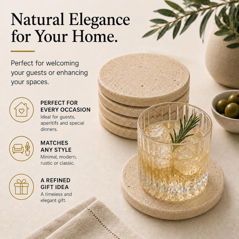 May include: Beige stone coasters with a stack of six and one in use. A glass of amber liquid with ice and a sprig of rosemary sits on a coaster. The text reads "Natural Elegance for Your Home."