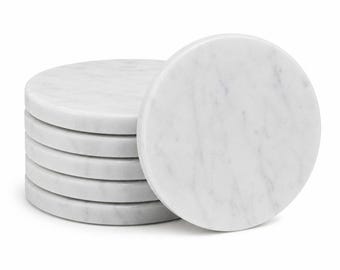 White Carrara Marble Coasters Set of 6 Handmade in Italy | Cork Backed | Round or Square | Housewarming & Wedding Gift