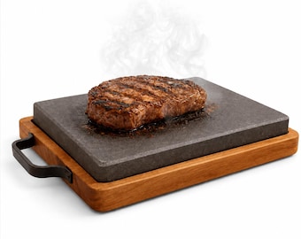 Lava Stone Cooking Set with Wooden Tray Handmade in Italy | Hot Steak Stone Grill Plate | Sizzling BBQ Serving Board