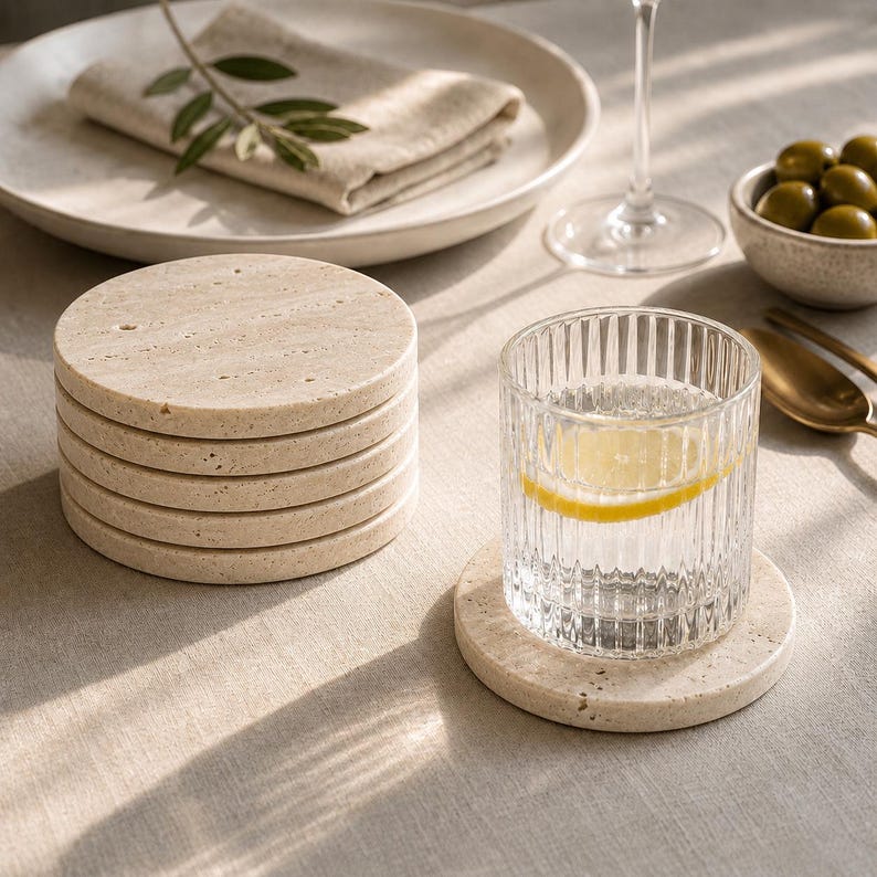 May include: A stack of six beige stone coasters next to a glass of water with a lemon slice. A single coaster is under the glass. A plate with a folded napkin and olives in a small bowl are also in the image.