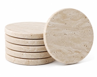 Travertin-Untersetzer Set mit 6 Stück handgefertigt in Italien | Natürlicher Beige Stein Korkrücken | Rund oder Tropfenform | Authentisches italienisches Geschenk