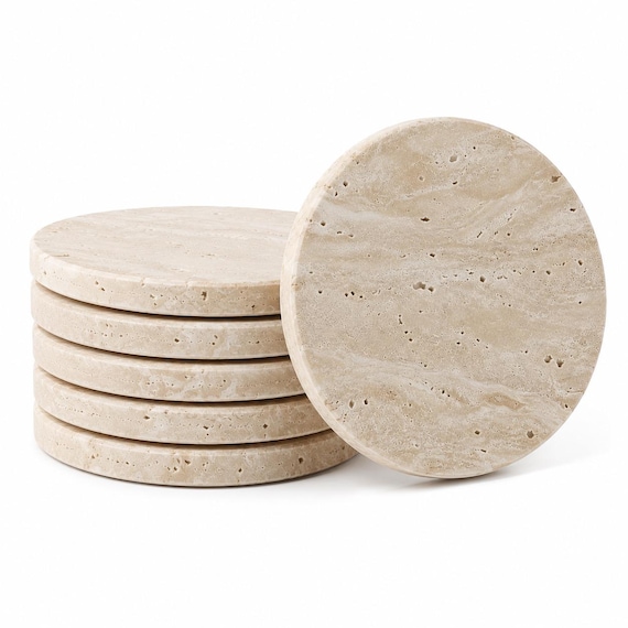 Travertine Coasters Set of 6 Handmade in Italy | Natural Beige Stone Cork Backed | Round or Drop Shape | Authentic Italian Gift