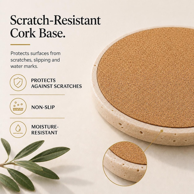 May include: A round coaster with a cork base and a light-colored, textured rim. The text on the image reads "Scratch-Resistant Cork Base." The coaster protects surfaces from scratches, slipping, and water marks.