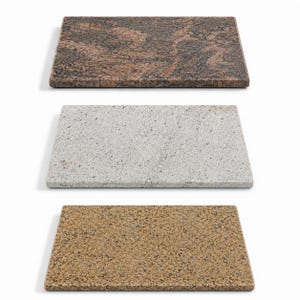 Pode incluir: Três lajes de pedra retangulares em tons de castanho, cinza e bege. A laje superior é um granito castanho-avermelhado com manchas escuras. A laje do meio é cinza claro com uma textura salpicada. A laje inferior é bege com manchas castanho-escuras.