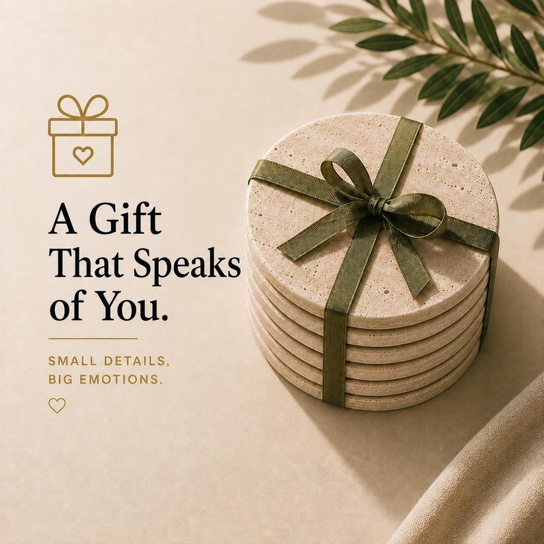 May include: A stack of round, beige stone coasters tied with a green ribbon. The image includes the text "A Gift That Speaks of You" and "Small Details, Big Emotions."