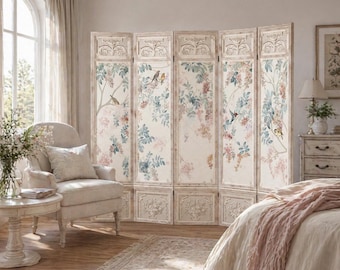 Vintage Floral Bird Room Divider, Folding Screen, Shabby Chic Home Decor