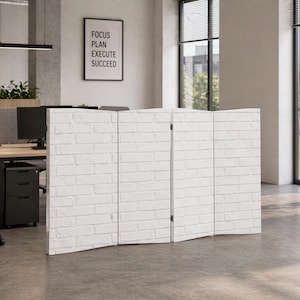 May include: A white brick-patterned room divider with four hinged panels. The divider stands in an office setting, with a desk, computer, and a framed sign that reads "FOCUS PLAN EXECUTE SUCCEED" visible in the background.