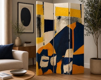 Divisória de Ambientes em Tela Geométrica Abstrata, Biombo Dobrável Moderno em Azul e Amarelo, Divisória Artística para Privacidade