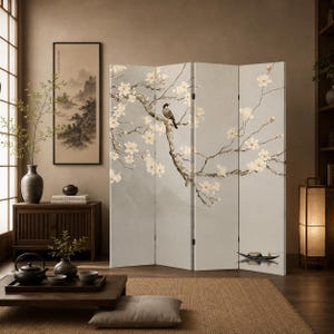 Rumsavdelare i kanvas med kinesisk blommotiv, vikskärm, asiatisk vikpanel