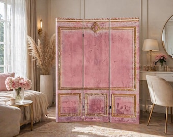 Divisorio per ambienti rosa e oro, paravento pieghevole in stile barocco francese, arredamento romantico per la camera da letto.
