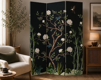 Svart botanisk rumsavdelare, vikbar skärm i chinoiserie, japansk insynsskyddsskärm, blommig kanvasavdelare