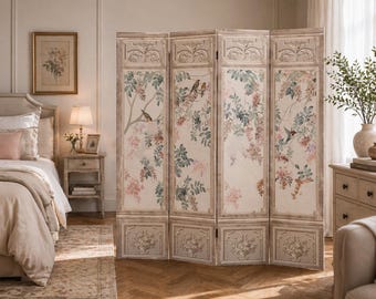 Vintage blommig fågelrumsavdelare, vikbar skärm, shabby chic heminredning