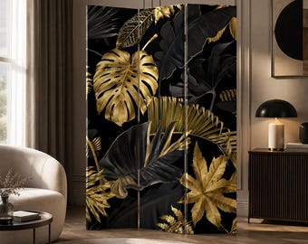 Schwarz Gold Tropisches Blatt Raumteiler, Paravent, moderne Sichtschutz Trennwand