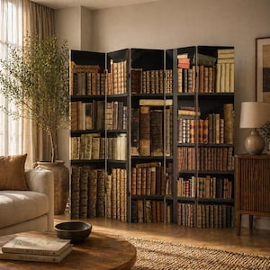 Può includere: Una libreria nera a pannelli multipli piena di libri antichi. I libri hanno copertine e dorsi di varie dimensioni e colori. La libreria si trova in una stanza con una palette di colori neutri, un divano e un tavolino rotondo in legno.
