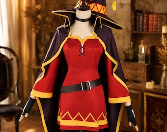 Kompletny kostium cosplay Megumin z kapeluszem czarownicy i peleryną – strój czarownicy z anime na Halloween, imprezę karnawałową Comic-Con – KonoSuba Mage Gear