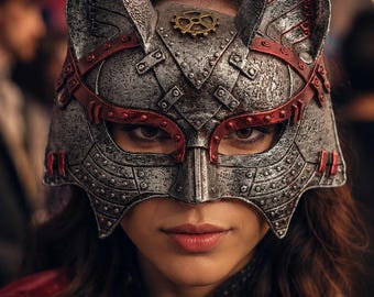 Maska lisa w stylu steampunk, rekwizyt na karnawał, detal z metalowego czerwonego nitu
