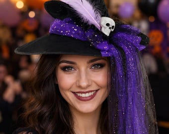Kapelusz czarownicy z frędzlami, ozdoba na imprezę halloweenową, koronkowy welon z piórami w kształcie czaszki, pomarańczowo-fioletowy