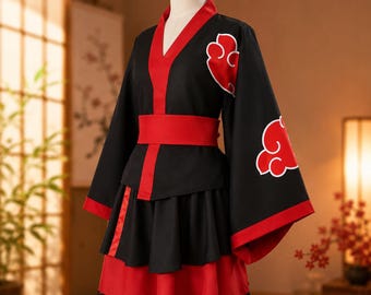 Akatsuki Cosplay Kimono Dress, Anime Halloween Outfit, Naruto Cloud Robe 3-Piece Set, Birthday Christmas Gift for Her, Gothic Lolita