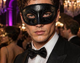 Męska czarna wenecka półmaska z muszką – elegancki dodatek do kostiumu maskaradowego