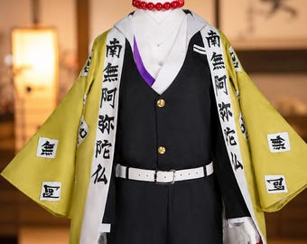 Kompletny kostium cosplay Gyomei Himejima – Stone Hashira Anime z koralikami modlitewnymi Haori na Halloween, Comic Con i imprezę
