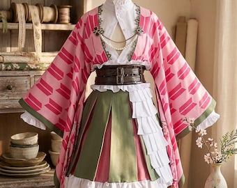 Luksusowy kostium cosplay Mitsuri Kanroji – mundur pokojówki anime, pełny strój Love Hashira na konwenty, Halloween i sesje zdjęciowe (magazyn w Wielkiej Brytanii)