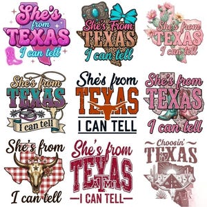 Może przedstawiać: Kolekcja dziewięciu grafik z tekstem "She's from Texas I can tell". Projekty przedstawiają zarys Teksasu, kowbojskie buty, longhorn i inne elementy związane z Teksasem w różnych kolorach i stylach.