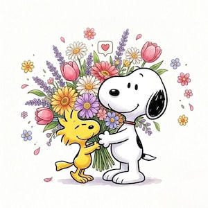 May include: A colorful illustration of Snoopy and Woodstock. Snoopy, in black and white, holds a bouquet of flowers, including pink tulips, daisies, and lavender. Woodstock, yellow, stands beside Snoopy. A heart icon floats above the flowers.