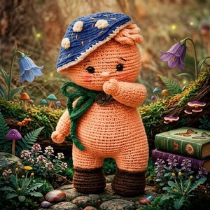 May include: A crocheted doll with peach-colored skin, wearing a blue hat with white spots, a green scarf, and brown boots. The doll is standing in a forest setting with flowers, mushrooms, and books.