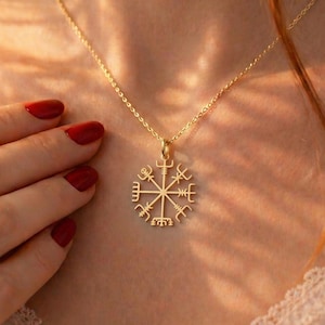 14K Solid Gold Vegvisir Necklace: Minimalist Viking Compass Pendant, 925 Sterling Silver